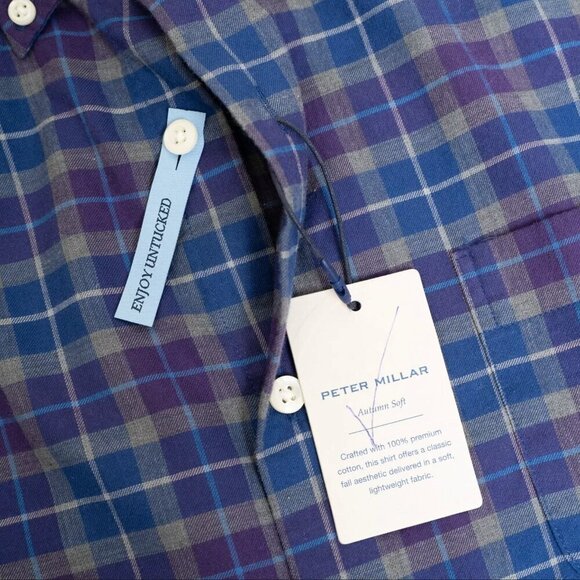 Peter Millar Button Down Ledson Autumn Soft Cotton Sport Shirt Check Blue Purple - Picture 6 of 11